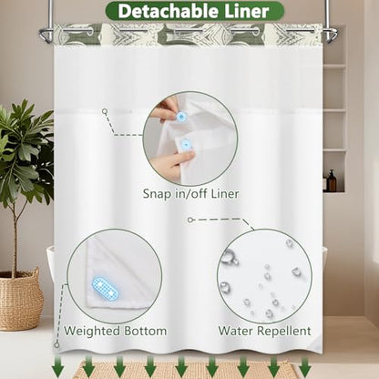 Tropical Leaves Shower Curtain with Snap in Liner, Monstera Leaf No Hook Shower Curtain with Mesh Top Window and Weighted Hem, Waterproof Fabric Hotel Summer Bathroom Shower Curtain Sets, 71x74 Inches - color: Monstera