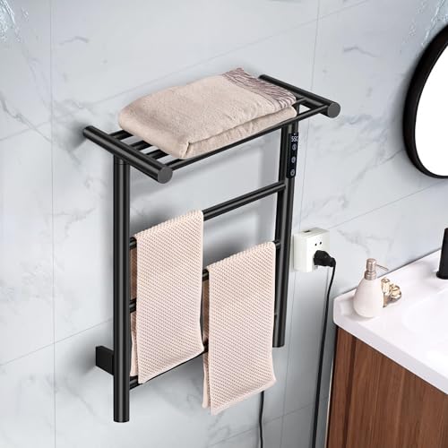 Towel Warmer Wall Mounted with 3 Electric Stainless Steel Heated Bars, Hot Towel Rack for Bathroom, Plug-in BathTowel Heater with Built-in Timer, Matte Black