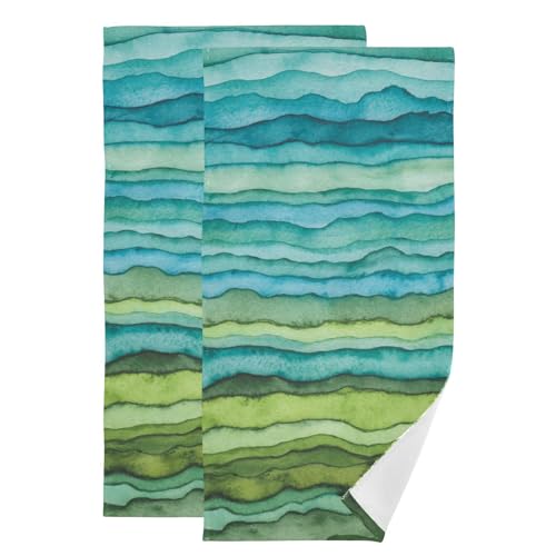 Teal Blue Beach Hand Towels for Bathroom 2 Pack,Microfiber Soft Absorbent Watercolor Abstract Green Sea Waves Striped Kitchen Towels,Decorative Bathroom Towels for Face,Hair,Bath 14"x28" - color: Blue Green