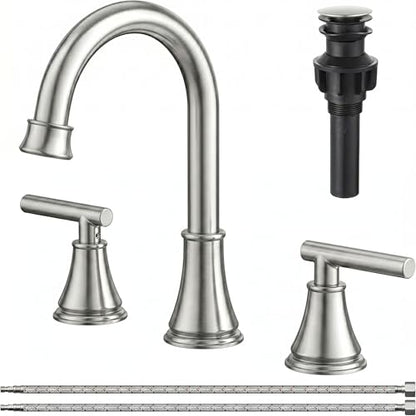 COMLLEN Brushed Nickel Bathroom Faucet 3 Hole Vanity,360 Degree Rotating Spout, 2 Handle 360° Swivel Brushed Nickel 8 Inch Widespread Bathroom Sink Faucet 3 Holes, with Pop-up Drain, Supply Lines - color: Brushed Nickel