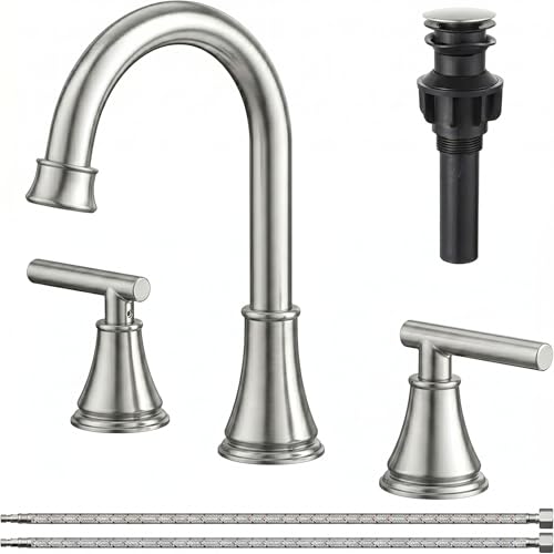 COMLLEN Brushed Nickel Bathroom Faucet 3 Hole Vanity,360 Degree Rotating Spout, 2 Handle 360° Swivel Brushed Nickel 8 Inch Widespread Bathroom Sink Faucet 3 Holes, with Pop-up Drain, Supply Lines - color: Brushed Nickel