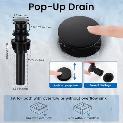 Pull-Down Bathroom Faucet 3 Hole 8 Inch with Pop-Up Drain Matte Black | 360° Swivel Spoutr & Dual Modes,8" Widespread 2-Handle, Pop-Up Drain & 10-Min Install for 3-Hole Bathroom Sink Faucets - color: Matte Black