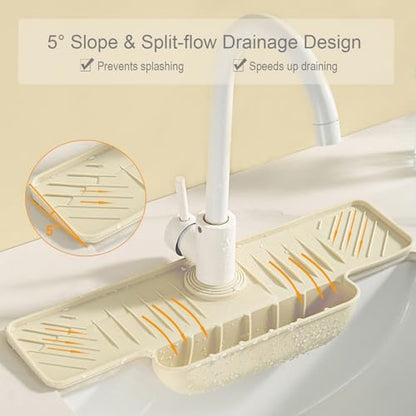 Silicone Faucet Mat with Sponge Holder, Sink Splash Guard, Faucet Draining Mat for Kitchen Bathroom, 5° Slope Split-flow Drainage, Sink Dry and Tidy Organizer, Beige - color: Beige