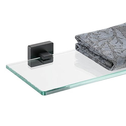 JQK Bathroom Glass Shelf Black, Tempered Glass Shower Storage 12 by 5 inches, 304 Stainless Steel Matte Black Wall Mount, TGS201L12-PB - color: Matte Black, size: 12 Inch