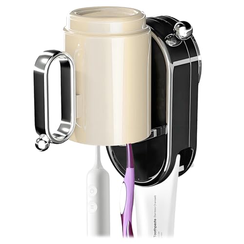 Toothbrush Holder Wall Mounted with Toothpaste Holder & Detachable Cup - Removable Suction Cup in Bathroom Sink, Shower - Space Saving, Ventilation Design for Family, Renters - color: Black-1 Cup