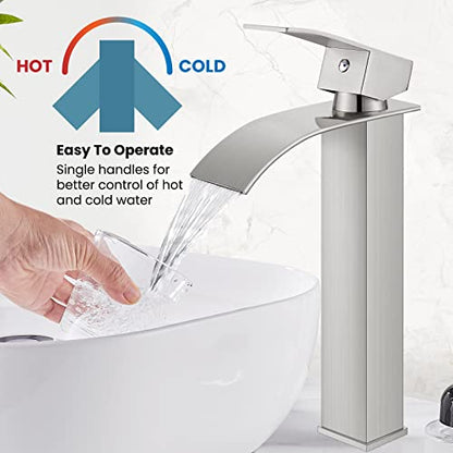 gotonovo Waterfall Tall Bathroom Faucet 1 Hole No Drain, Brushed Nickel | Modern Vessel Sink Faucet Single Handle 304 Stainless Steel,24” cUPC Supply Hoses,for Bowl Basin Lavatory Vanity Restroom RV - color: Nickel