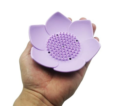 2 Pack Silicone Soap Dish,Lotus Shaped Self Draining Soap Holder, Sponge Holder, for Shower,Bathroom,Kitchen Sink Organizer (Purple) - color: Purple Lotus