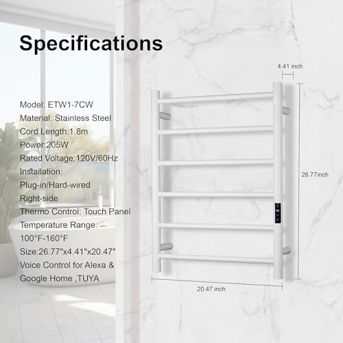 Electric Towel Rack with Voice Control for Alexa & Google Home,TUYA-Wall-Mounted Bathroom Heating Towel Warmer,Plug-in,26.77x20.47x4.39in,Stainless Steel Material,White,6 Bars - color: White With Wifi, size: 6 Bar