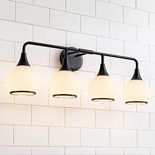 Black Bathroom Light Fixtures 4-Lights Vanity Lights with Milky White Frosted Glass Shade Bathroom Vanity Light 30.7 inch Wall Sconce Lighting Bath(Exclude E26 Bulb) - color: Black, size: 4 Light
