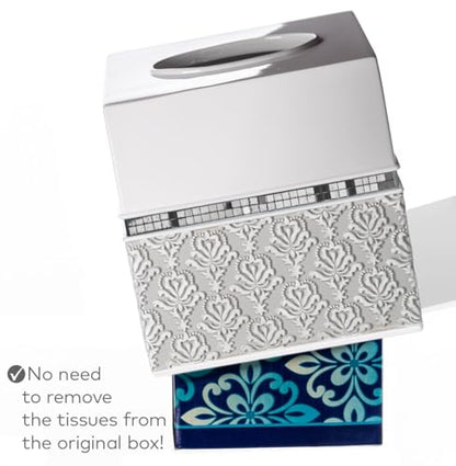 Mirror Damask White & Gray Square Resin Tissue Box Cover with Bottom Slider - color: Square Tissue Box Cover