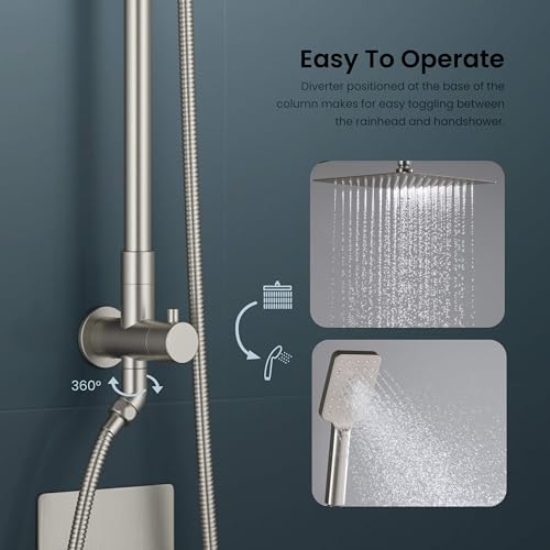 KIBI Cube 2-Function Rain Shower Column, Solid Brass, Brushed Nickel | 10in Rain Head Plus 3-Mode Handheld, Height-Adjustable, Brass Rough-in Valve, Pressure Balance, Wall-Mounted, KSC404 - color: Brushed Nickel