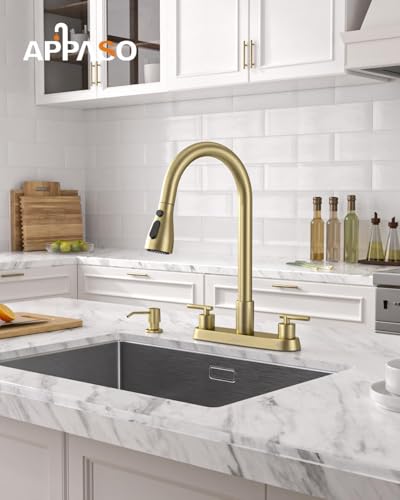 APPASO 2 Handles 4 Hole Kitchen Faucet with Pull Down Sprayer Brushed Gold | Gold Kitchen Faucets with Soap Dispenser, Modern High Arc Stainless Steel for 3 & 4 Hole Sinks, Spot Free, Easy to Install - color: 1-Brushed Gold
