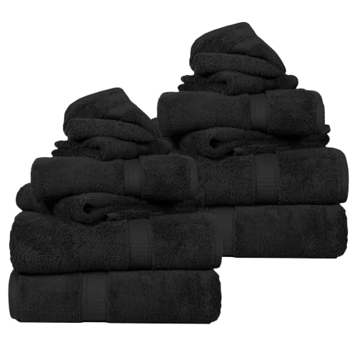 SUPERIOR Egyptian Cotton Ultra Plush & Absorbent, 12 Piece Set, Black | Heavyweight 12 Pc Egyptian Cotton Towel Set Includes 4 Bath Towels 4 Hand Towels 4 Washcloths Decorative Rope Border - color: Black, size: 12 Piece Towel Set