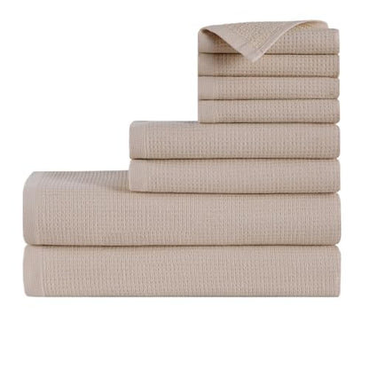 100% Turkish Cotton Dual-Sided Waffle and Terry Towel Set - Ultra Absorbent, Soft & Quick Dry - Bath Towels, Hand Towels & Washcloths (Beige, 8-Piece Complete Towel Set) - color: Beige, size: 8-Piece Complete Towel Set