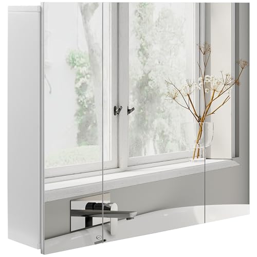kleankin Bathroom Medicine Cabinet with Mirror, 3 Doors, Wall Mount, White | Bathroom Mirror Cabinet, Adjustable Shelves