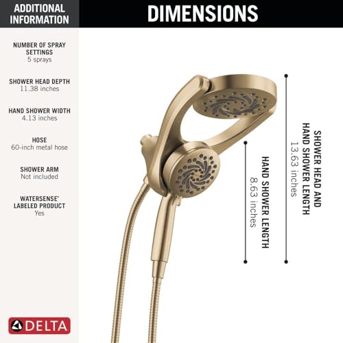 Delta 5-Setting HydroRain 2-in-1 Dual Shower Head with ProClean Spray, Brushed Gold High Pressure Shower Head with Handheld Spray, 1.75 GPM Flow Rate, Champagne Bronze 75419CZ - color: Champagne Bronze