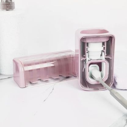 5 Slots Wall Mount Toothbrush Holder with Cover, Self Adhesive Toothbrush Storage Organizer for Shower, Toothbrush Hanger with Automatic Toothpaste Squeezer Dispenser (Pink) - color: Pink Combination