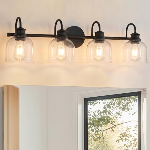 URSOLA 4 Lights 32" Bathroom Vanity Light Fixtures, Matte Black Traditional Classic Vanity Light with Clear Glass, Bathroom Lighting Fixtures Over Mirror - color: Black, size: 4 Lights