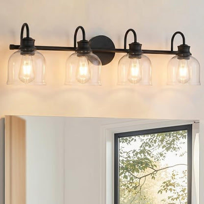 URSOLA 4 Lights 32" Bathroom Vanity Light Fixtures, Matte Black Traditional Classic Vanity Light with Clear Glass, Bathroom Lighting Fixtures Over Mirror - color: Black, size: 4 Lights