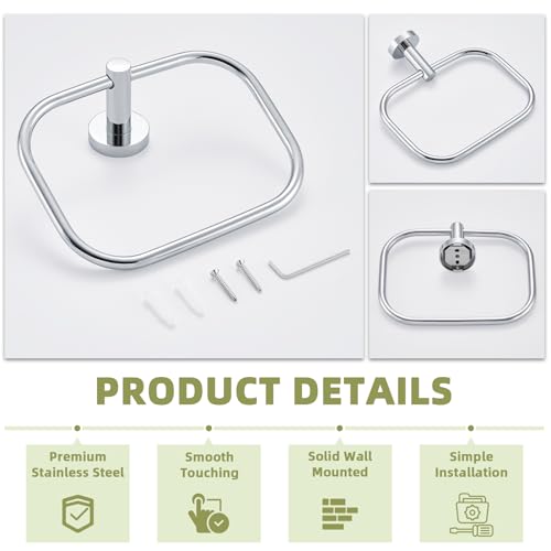 Square Hand Towel Ring for Bathroom Sink, Chrome, Wall Mounted | Rustproof Stainless Steel Towel Holder, 180° Swivel Ring for Easy Towel Access, Quiet & Smooth Rotating, Space-saving - color: Chrome