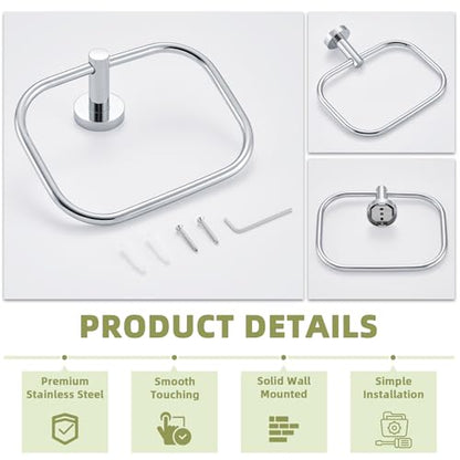 Square Hand Towel Ring for Bathroom Sink, Chrome, Wall Mounted | Rustproof Stainless Steel Towel Holder, 180° Swivel Ring for Easy Towel Access, Quiet & Smooth Rotating, Space-saving - color: Chrome
