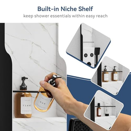 ELLO&ALLO Shower Panel Tower System with Shelf, Rainfall Shower Head and Rain Massage System with Body Jets, Stainless Steel Bathroom Fixtures, Marble&Black