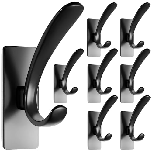 Self Adhesive Towel Hooks, Matte Black Metal Hooks,Waterproof Stainless Steel Hanger Coat Hooks for Hanging Coat,Towels, Bath Robe in Bathroom Kitchen Home - size: 8 Pack-Rectangular Double Hook