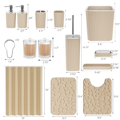 XLHOMO Bathroom Accessories Set - 25PC Bathroom Sets with Shower Curtain and Rugs, Beige Bathroom Set with Trash Can, Soap Dispenser, Soap Dish & Toilet Brush - size: Bath Set+Shower Curtain+Rugs, style: Beige&Silver