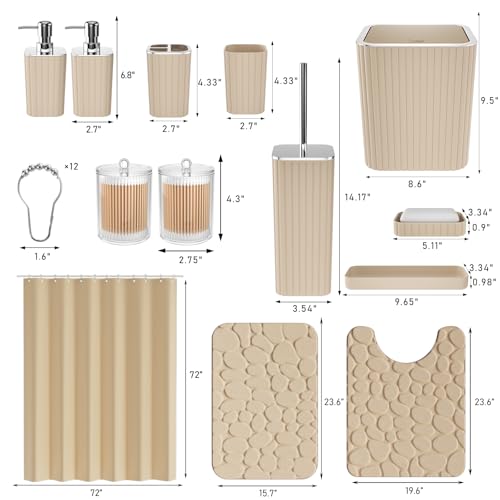 XLHOMO Bathroom Accessories Set - 25PC Bathroom Sets with Shower Curtain and Rugs, Beige Bathroom Set with Trash Can, Soap Dispenser, Soap Dish & Toilet Brush - size: Bath Set+Shower Curtain+Rugs, style: Beige&Silver