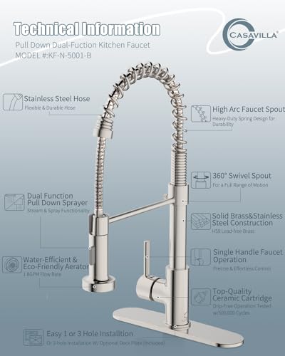 Kitchen Faucet Set, Commercial Kitchen Sink Faucets with Pull Down Sprayer and Soap Dispenser, Stainless Steel Faucets for Kitchen Sinks, Single Handle Spring Faucet with Deck Plate - color: B-Brushed Nickel, style: Contemporary