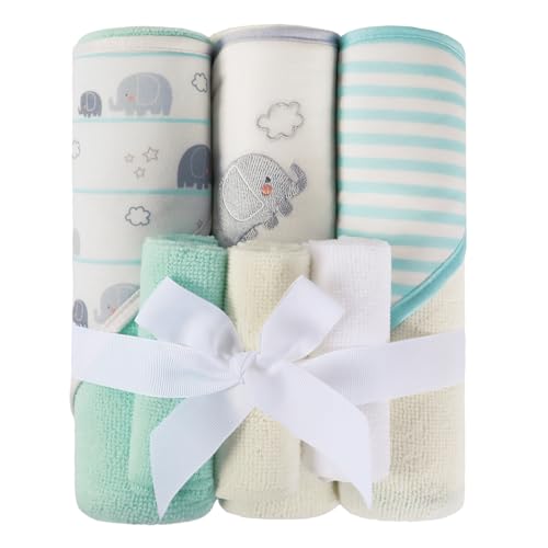 Softan Baby Hooded Towels and Washcloths Set 6 Pack, 28x28 Ultra Soft & Absorbent Baby Bath Towels for Newborn Infant Toddler, Unisex Boys Girls (Green Elephant) - color: Green Elephant