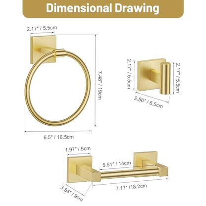 Towel Ring Set 4 Piece Bathroom Hardware Set Includes Towel Ring 2 Towel Hooks and Toilet Paper Holder Stainless Steel Wall Mounted (Brushed Gold) - color: Brushed Gold, size: Set D