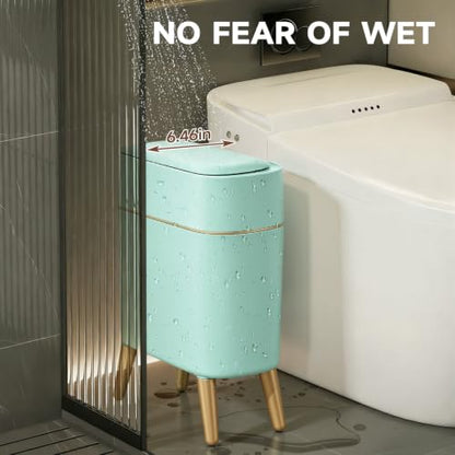 Touchless Bathroom Trash Can with Lid, Cute Tall Green Wastebasket | Waterproof,Narrow,Automatic,Convenient and Hygienic Easy to Use，2.6 gallon Small Garbage bin for Bedroom, Office，Living Room - color: Green