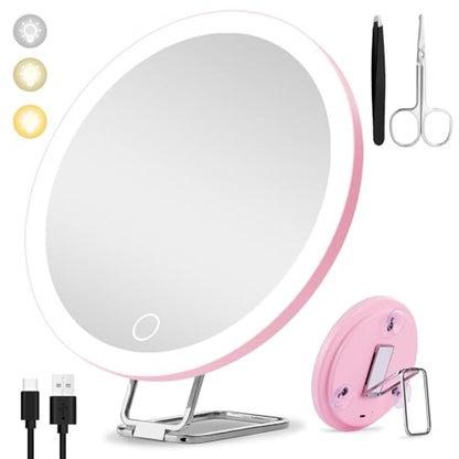 Large 6" Lighted 30x Magnified Makeup Mirror with Suction Cups & Table Stand, Travel & Home Use - color: 30x -Pink