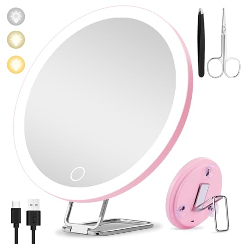 20X Magnifying Mirror with Light, Large 6inch Lighted Magnified Mirror 20x with 3 Suction Cups and 360° Table Stand, Rechargeable 3 Colors Dimming Vanity Makeup Mirror with Tweezers & Scissors - color: 20x -Pink