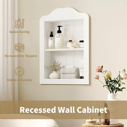 CJL 14'' x 18'' Recessed Medicine Cabinet, Solid Wood in-Wall Bathroom Cabinet, Arched Wall Niche Shelf, 2-Tier, White - color: White, size: 14"x18.1"x3.75"