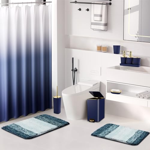 Bathroom Sets with Shower Curtain and Rugs Bathroom Accessories Set Navy Blue Bathroom Set,Soap Dispenser & Toilet Brush Holder Set with Stainless Steel Trash Can(23 PCS) - size: Navy Blue, style: Bath Set+Ombre Waffle Shower Curtain+Bath Rugs