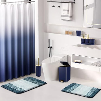 Bathroom Sets with Shower Curtain and Rugs Bathroom Accessories Set Navy Blue Bathroom Set,Soap Dispenser & Toilet Brush Holder Set with Stainless Steel Trash Can(23 PCS) - size: Navy Blue, style: Bath Set+Ombre Waffle Shower Curtain+Bath Rugs