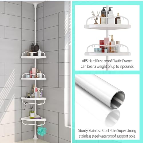 Shower Caddy Tension Pole with 4 ABS Baskets,Shower Storage Shelf with 56 to 125 Inch Adjustable Stainless Pole for Bathroom White - color: White