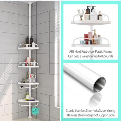 Shower Caddy Tension Pole with 4 ABS Baskets,Shower Storage Shelf with 56 to 125 Inch Adjustable Stainless Pole for Bathroom White - color: White