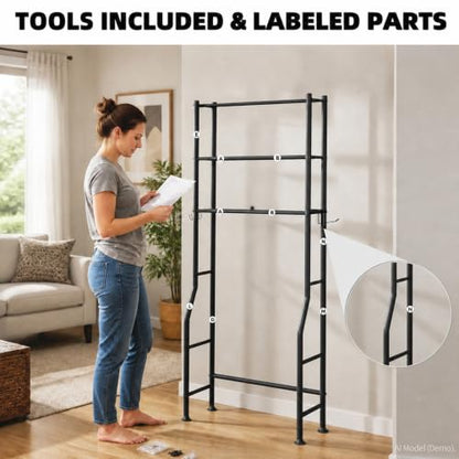 GloTika 3-Tier Over Toilet Storage, Anti-Tilt, 64" H, Black | Anti-Tilt Safety System, 150lb Capacity, Carbon Steel, Freestanding, No Drilling, Anti-Rust Coating, Paper Holder & 4 Hooks - color: Black, size: 3-Tier
