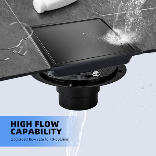 Square Shower Floor Drain with Flange, Shower Drain 6 inch with 2 in 1 Tile-Insert Cover, SUS 304 Stainless Steel, Matte Black - color: Matte Black, size: Ultra flat surface