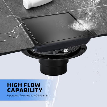 Square Shower Floor Drain with Flange, Shower Drain 6 inch with 2 in 1 Tile-Insert Cover, SUS 304 Stainless Steel, Matte Black - color: Matte Black, size: Ultra flat surface
