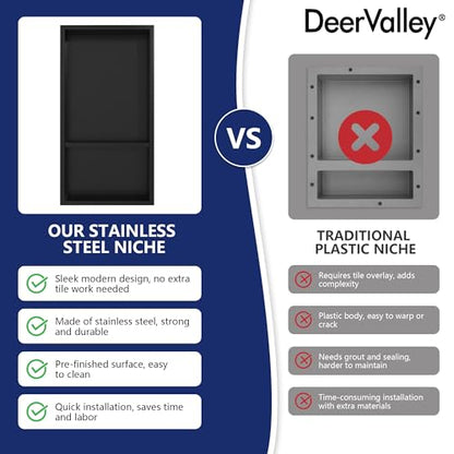 DeerValley Stainless Steel No Tile Needed Shower Niche for Bathroom Storage ，Recessed Wall Niche,Double Shelves(Matte Black, 12 * 24 in)