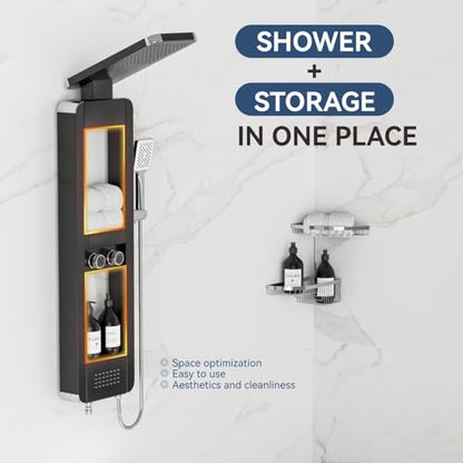 ELLO&ALLO Shower Panel Tower System with Shelf, Rainfall Shower Head and Rain Massage System with Body Jets, Stainless Steel Bathroom Fixtures, Black&Chrome
