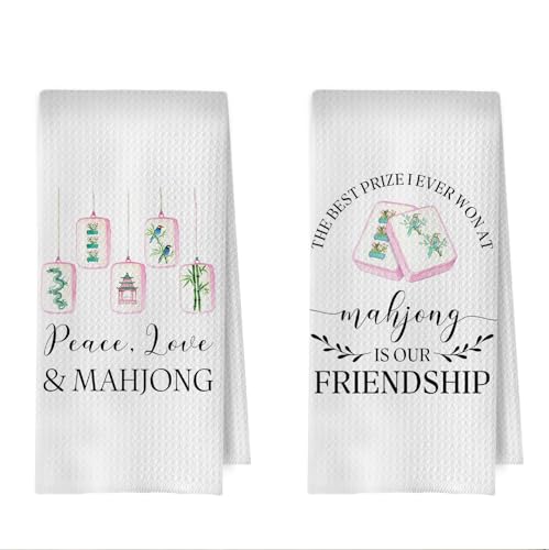 Mahjong Gifts Kitchen Towels Set - Mahjong Decorative Waffle Dish Towels, Mah Jong Hand Towels, Mah Jong Friends Gifts Tea Towel, 16×24 Inches Set of 2 - color: Mahjong-01