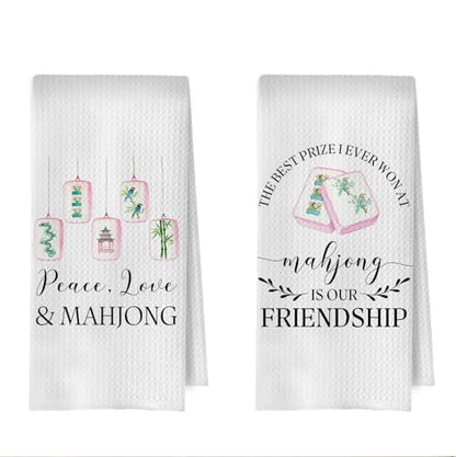 Mahjong Gifts Kitchen Towels Set - Mahjong Decorative Waffle Dish Towels, Mah Jong Hand Towels, Mah Jong Friends Gifts Tea Towel, 16×24 Inches Set of 2 - color: Mahjong-01
