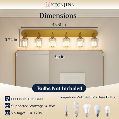 Keonjinn 6-Light Bathroom Light Fixtures, Crystal Gold Bathroom Vanity Lights Over Mirror, Vanity Lighting Fixtures with Crystal Square Shades (E26 Socket, Exclude Bulb) - color: Gold, size: 6-Light