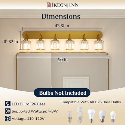 Keonjinn 6-Light Bathroom Light Fixtures, Crystal Gold Bathroom Vanity Lights Over Mirror, Vanity Lighting Fixtures with Crystal Square Shades (E26 Socket, Exclude Bulb) - color: Gold, size: 6-Light