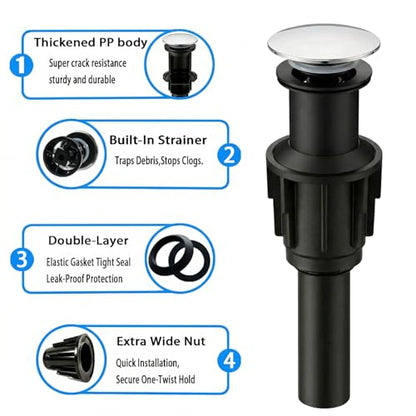 Bathroom Sink Drain Without Overflow- Chrome Pop up Drain for Bathroom Vanity Vessel Sink Drain Stopper - Anti-Clog Pop-up Plastic Drain with Hair Catcher Strainer - color: Chrome